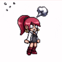 a pixel art of a girl with red hair and a hat