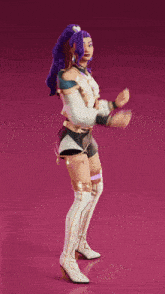 a 3d model of a woman with purple hair is dancing on a pink background