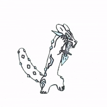 a black and white drawing of a leopard holding a spear in its mouth .