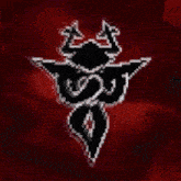a black and white image of a demon with horns and wings on a red background