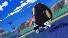 a cartoon character is walking down a grassy hill