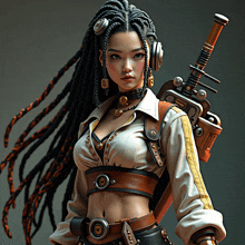 a girl with dreadlocks is holding a sword