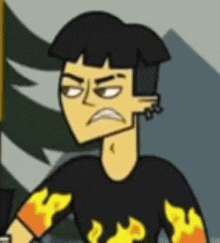 a cartoon character with a piercing in his ear is wearing a black shirt with flames on it .