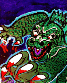 a colorful painting of a monster with a purple mouth