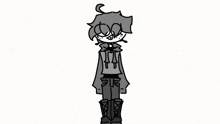 a black and white drawing of a boy wearing a hoodie , jeans and boots .