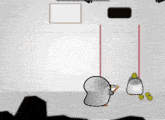 a cartoon of penguins playing a game with a red line between them