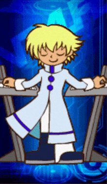 a cartoon character with yellow hair is sitting at a desk