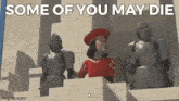 shrek is standing on a set of stairs next to a group of knights .