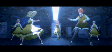 a group of anime characters are dancing in a room