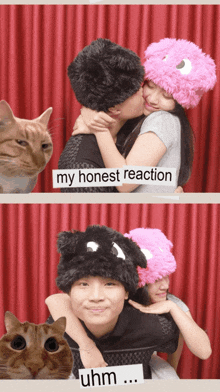 a picture of a man and a woman with a cat behind them with the caption my honest reaction