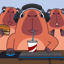 a cartoon of a capybara wearing headphones drinking a coke through a straw