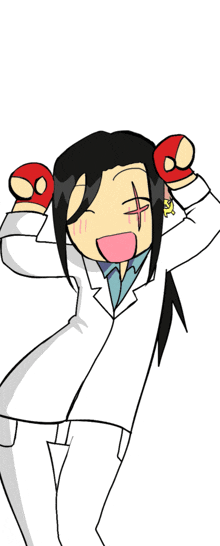 a cartoon drawing of a woman wearing a white coat