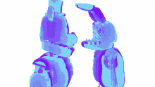 a couple of purple cartoon characters standing next to each other on a white background