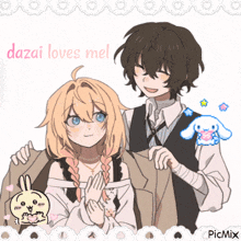 a drawing of a boy and a girl with the words dazai loves me on the top