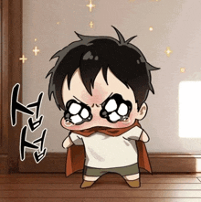 a cartoon of a little boy with big eyes and a cape .