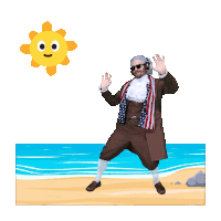 a man in a suit and tie is jumping in the air on a beach