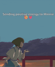 a cartoon of a boy standing on a bridge sending positive energy to minnie