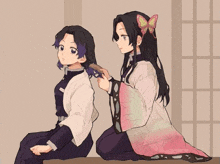 Kanna Brushes Shinyu Hair With A Calm Smile GIF