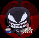 a cartoon character is eating popcorn and drinking soda .