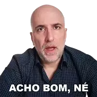 a bald man with a beard is wearing a blue plaid shirt and says acho bom ne