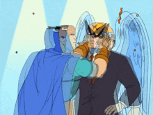 a cartoon drawing of a man in a suit and a blue cape