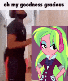 a man is standing next to a picture of a girl from my little pony .