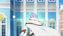 a person in a white cape is running in front of a building