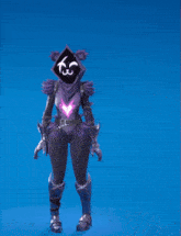 a video game character is jumping in the air while wearing a purple outfit
