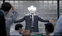 a man with a chef 's hat on his head stands in front of a microphone