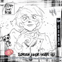 a black and white drawing of a person with a knife in their hand and the words `` scream your heart out '' .