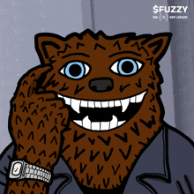 a cartoon of a werewolf wearing a watch with the words $ fuzzy on the bottom