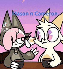two cartoon characters sitting at a table with mason n cameron written on the top