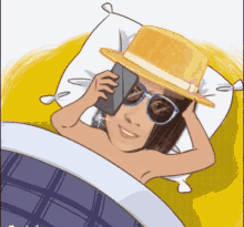 a cartoon of a woman laying in bed talking on a cell phone
