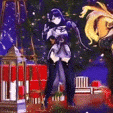a cartoon character is standing in front of a christmas tree with gifts .