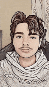 a cartoon drawing of a man with a mustache and a sweater that says ' aed ' on it