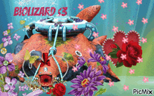 a picture of flowers and hearts with the words biolizard 3 on it