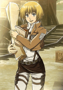 a cartoon character is holding a piece of paper and a book