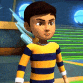 a cartoon boy wearing a yellow and blue striped shirt is standing in front of stairs .