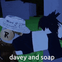 a person wearing a hat with the letter r on it and the words davey and soap below them