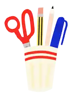 a pencil holder with scissors a pencil and a marker