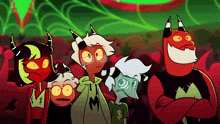 a group of cartoon characters are standing next to each other with one wearing a shirt that says m on it