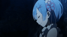 a girl with blue hair and a flower in her hair looks down