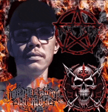 a man wearing sunglasses stands in front of a pentagram and a skull with crossed swords on it