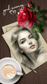a drawing of a woman next to a cup of coffee and a rose