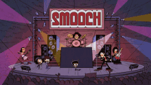 a group of cartoon characters on a stage under a smooch banner
