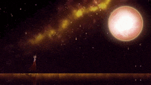a woman in a red dress is standing in front of a glowing planet