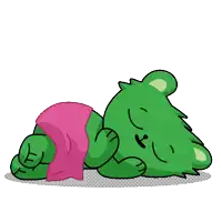 a green teddy bear is laying down with a pink blanket around his waist