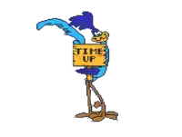 a pixel art drawing of road runner holding a sign that says time up