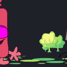a cartoon drawing of a frog with pink eyes