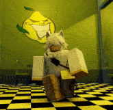 a cartoon character is standing on a checkered floor in front of a yellow wall with a lemon on it